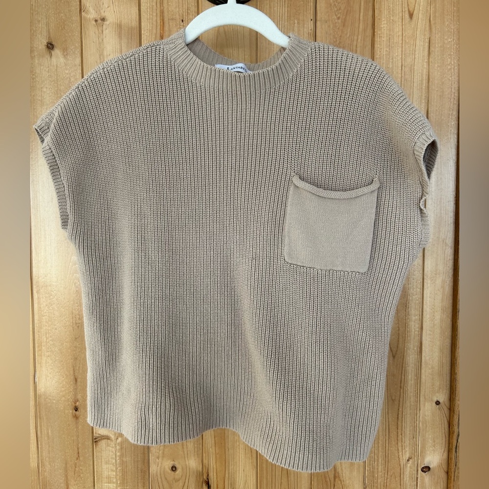Women’s Anrabess Tan Knit Cowlneck Sleeveless Sweater with Pocket Size M